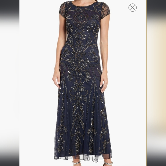 Pisarro Nights Beaded Mesh Column Gown in Slate/Navy 8 - Picture 1 of 8
